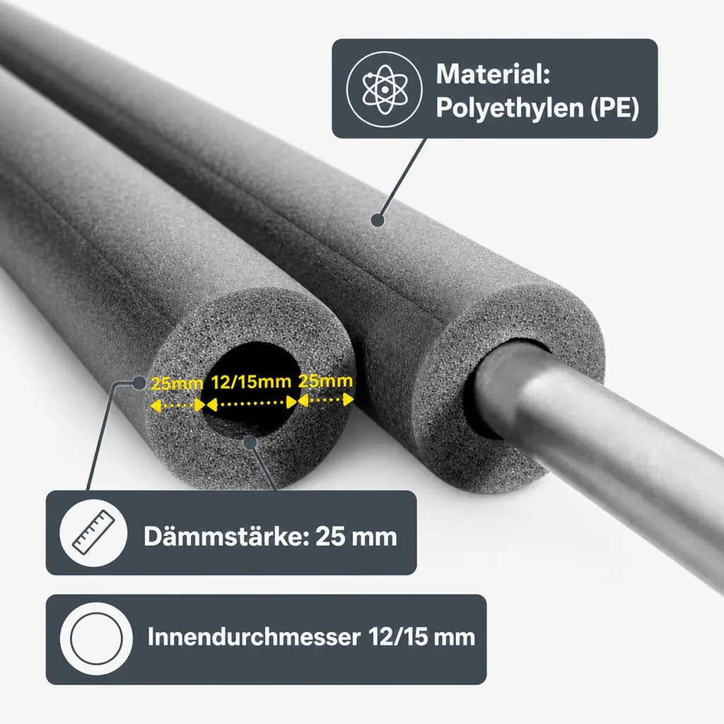 Isolierschlauch 2m, Ø 12/15mm, 25mm Dämmung, Heizungsrohr Isolierung