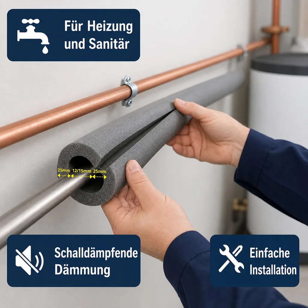 Isolierschlauch 2m, Ø 12/15mm, 25mm Dämmung, Heizungsrohr Isolierung