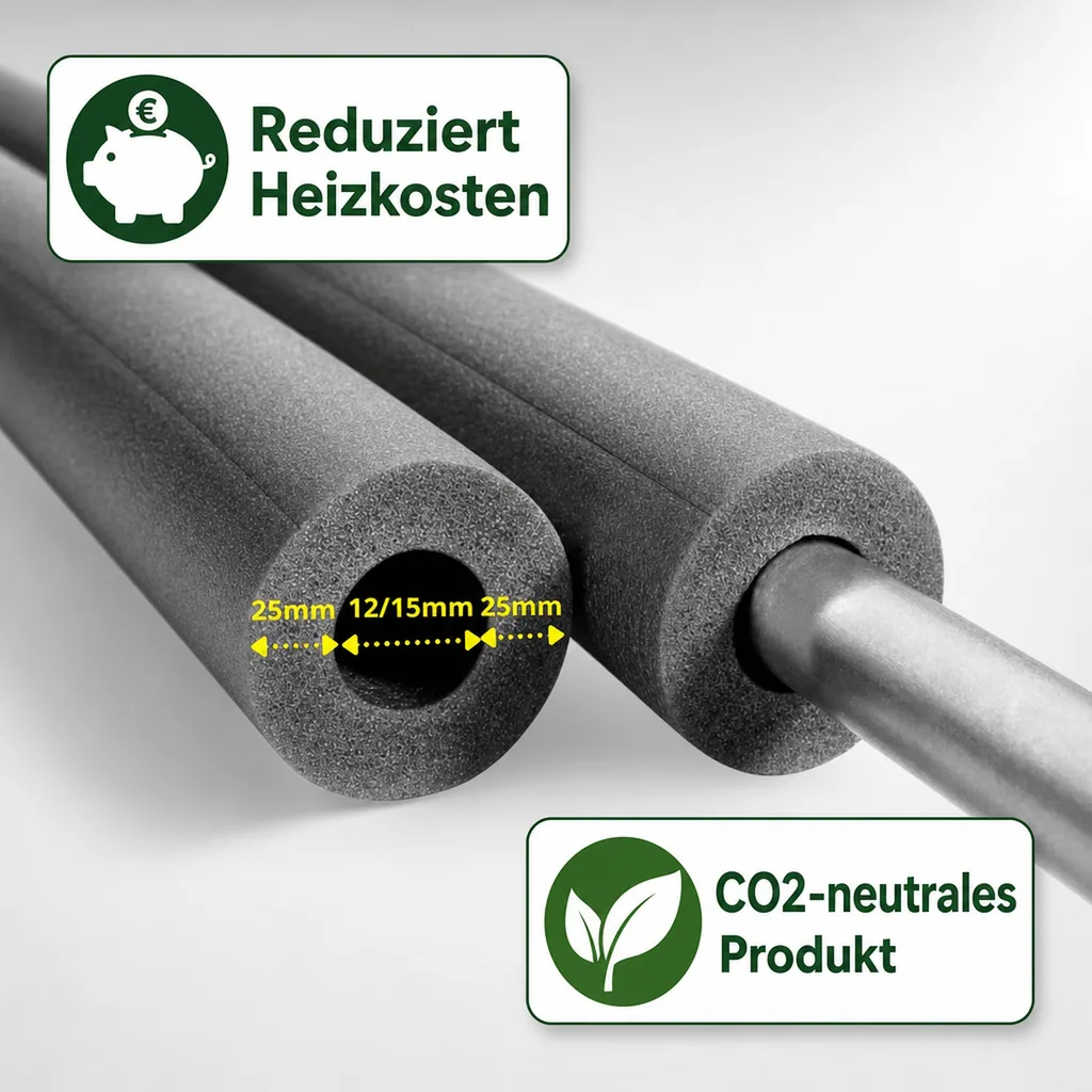 Isolierschlauch 2m, Ø 12/15mm, 25mm Dämmung, Heizungsrohr Isolierung