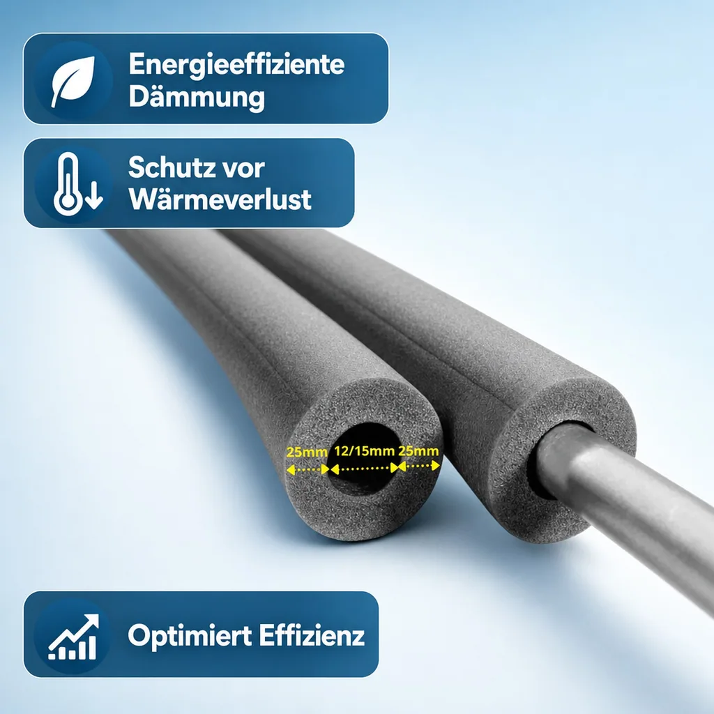 Isolierschlauch 2m, Ø 12/15mm, 25mm Dämmung, Heizungsrohr Isolierung