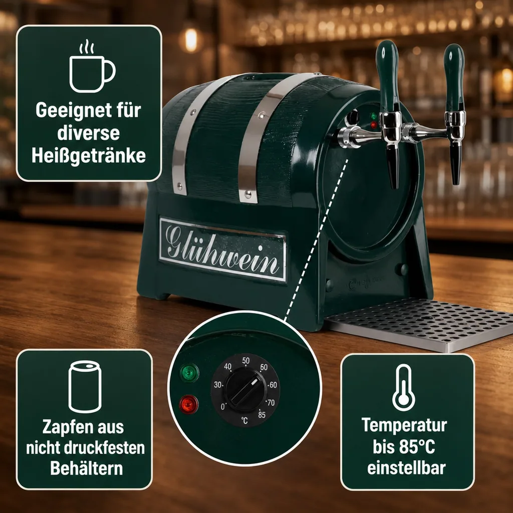 Glühweinzapfanlage, Getränke durchlauferhitzer - mit selbstansaugender Pumpe, Fassform, 2-leitig 6 kW