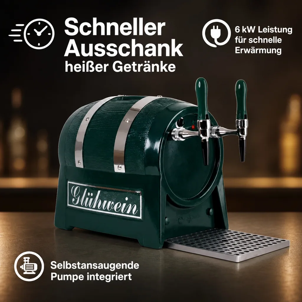Glühweinzapfanlage, Getränke durchlauferhitzer - mit selbstansaugender Pumpe, Fassform, 2-leitig 6 kW