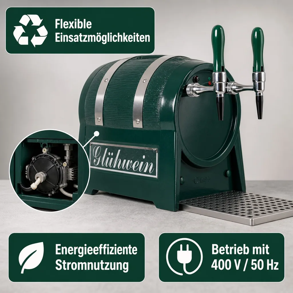 Glühweinzapfanlage, Getränke durchlauferhitzer - mit selbstansaugender Pumpe, Fassform, 2-leitig 6 kW