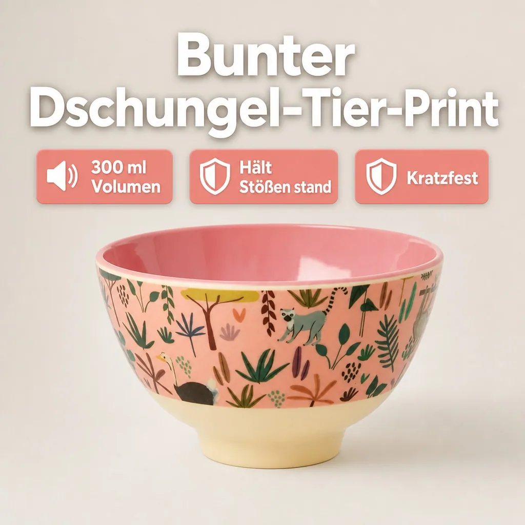 RICE Teller, Schüssel - All Over Jungle Animals Print, Melamin, Farbe: Koralle