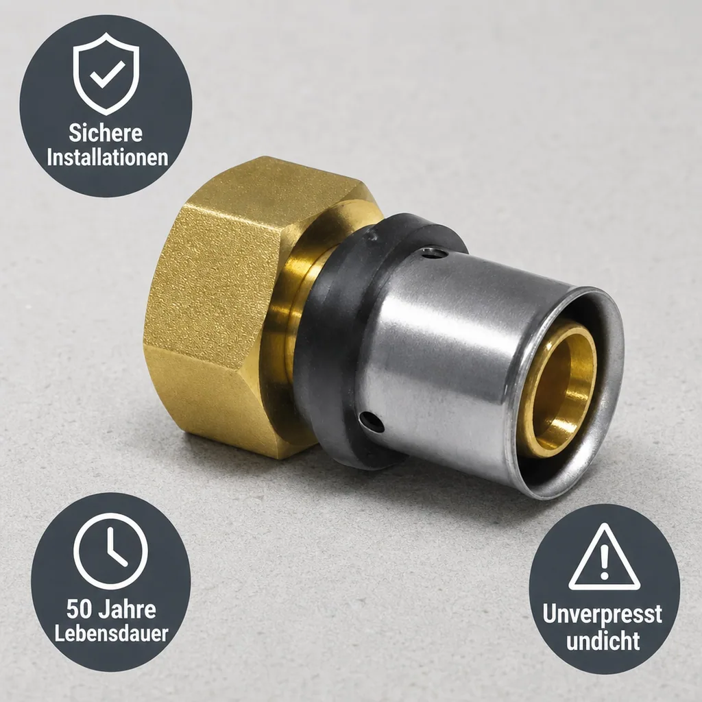Pressfitting 32mm, Übergangsverschraubung 1 Zoll IG, Mehrschichtverbundrohr