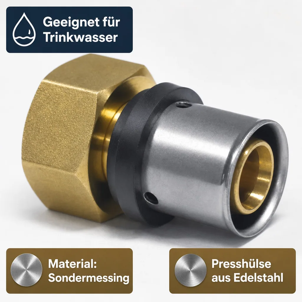 Pressfitting 32mm, Übergangsverschraubung 1 Zoll IG, Mehrschichtverbundrohr