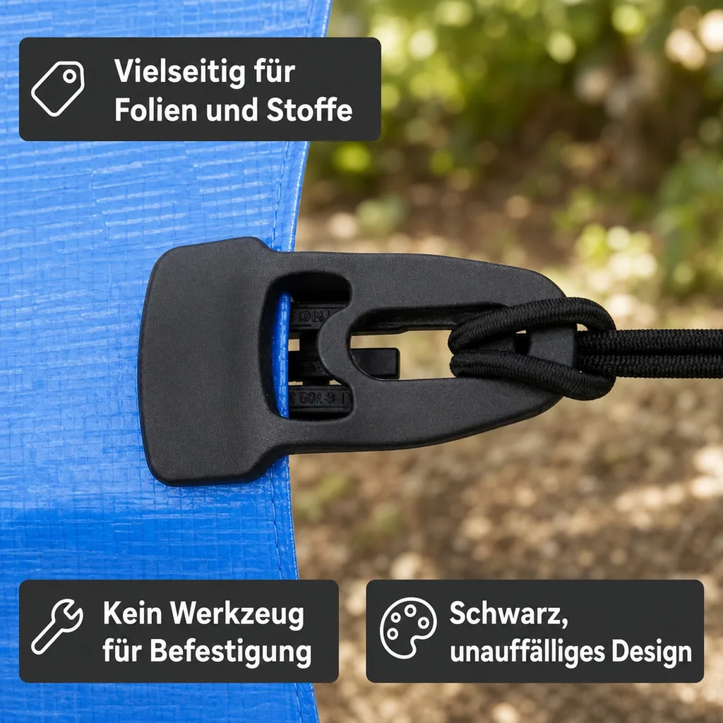 Befestigungsclip, schwarz, für Folien, Planen, Stoffe, wiederverwendbar
