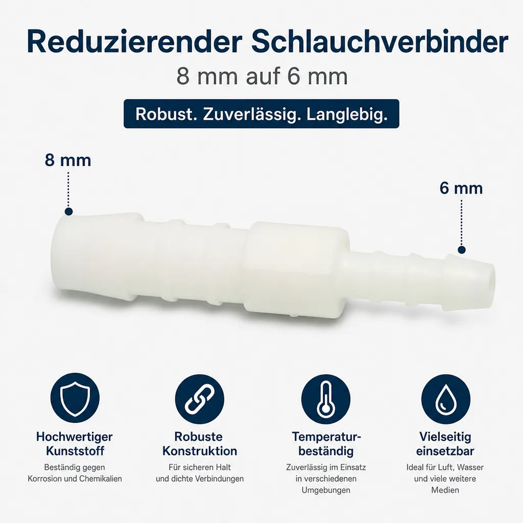 Schlauchverbinder, reduziert 8mm auf 6mm, Kunststoff