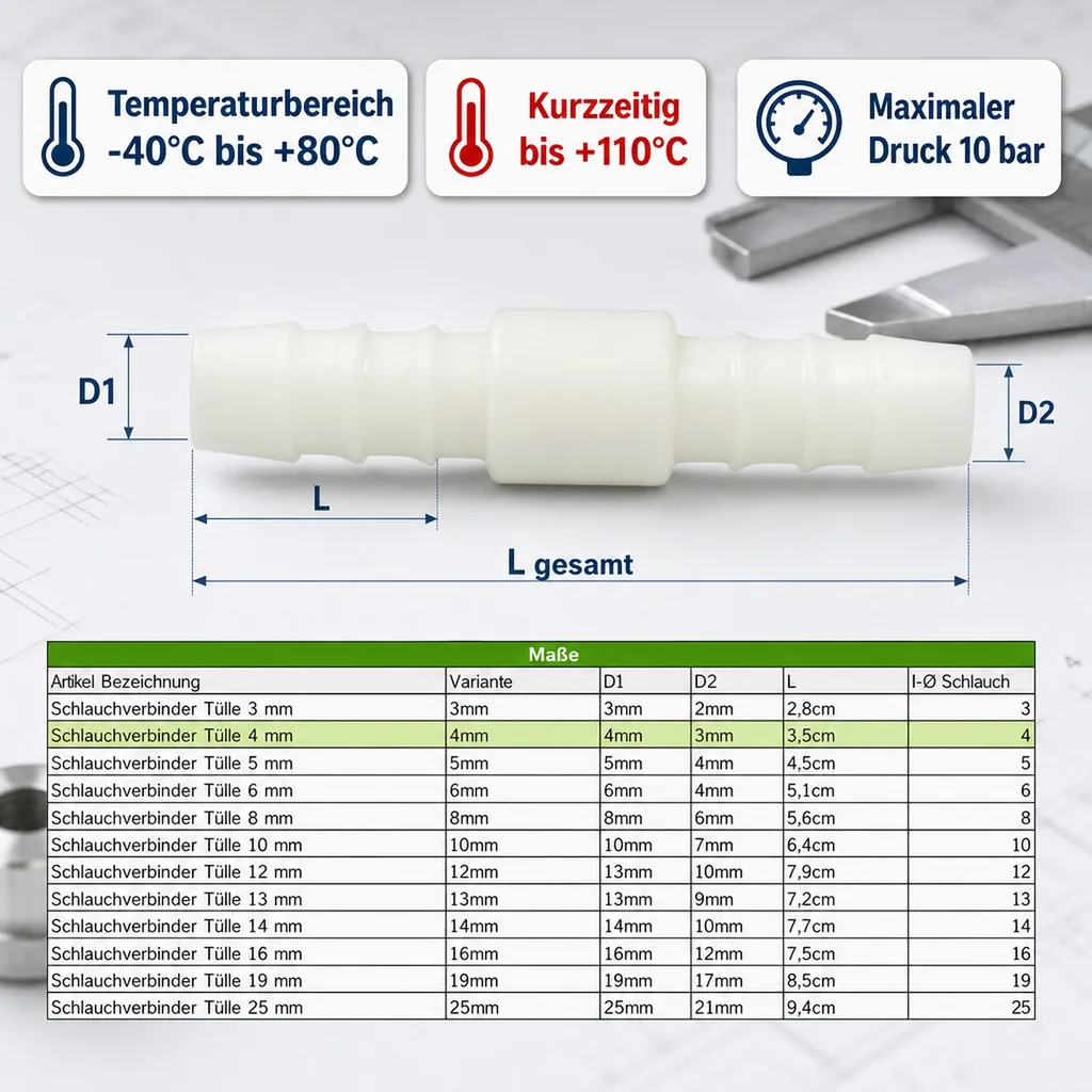 Schlauchverbinder 4mm Kunststoff, Schlauchkupplung