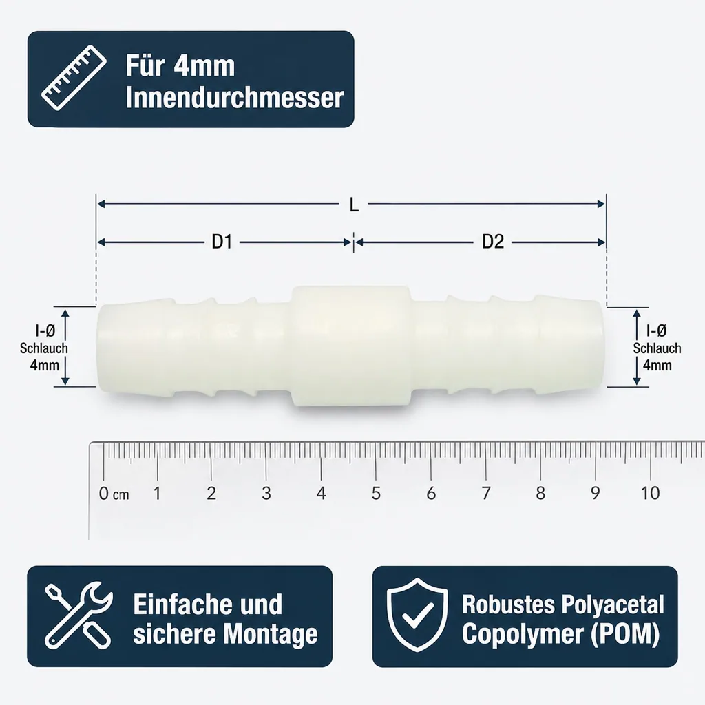 Schlauchverbinder 4mm Kunststoff, Schlauchkupplung