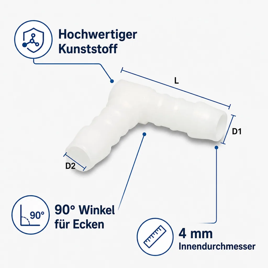 Schlauchverbinder 4mm, Kunststoff Winkel 90°, Winkelverbinder