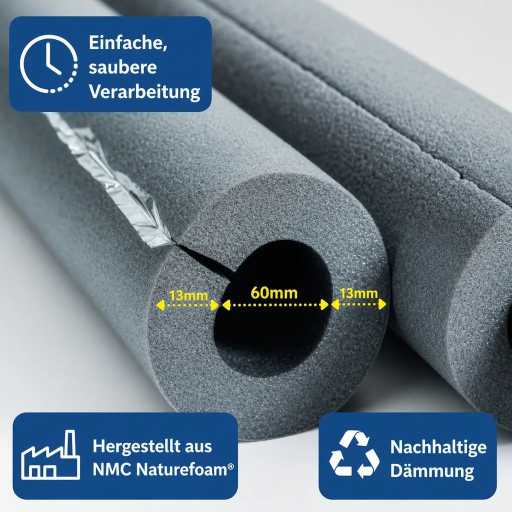 Rohrisolierung selbstklebend 60mm, Isolierschlauch 2x1m, Dämmung 13mm