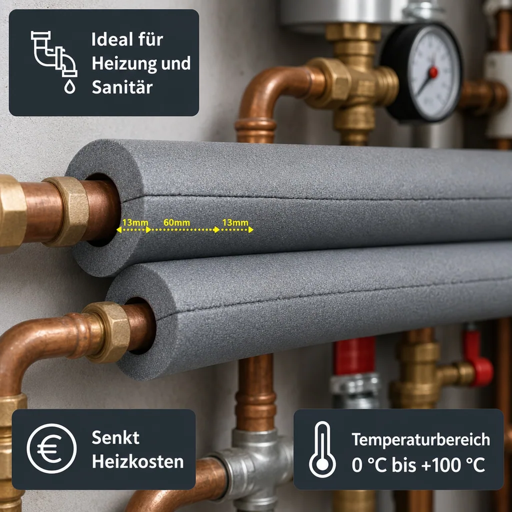Rohrisolierung selbstklebend 60mm, Isolierschlauch 2x1m, Dämmung 13mm