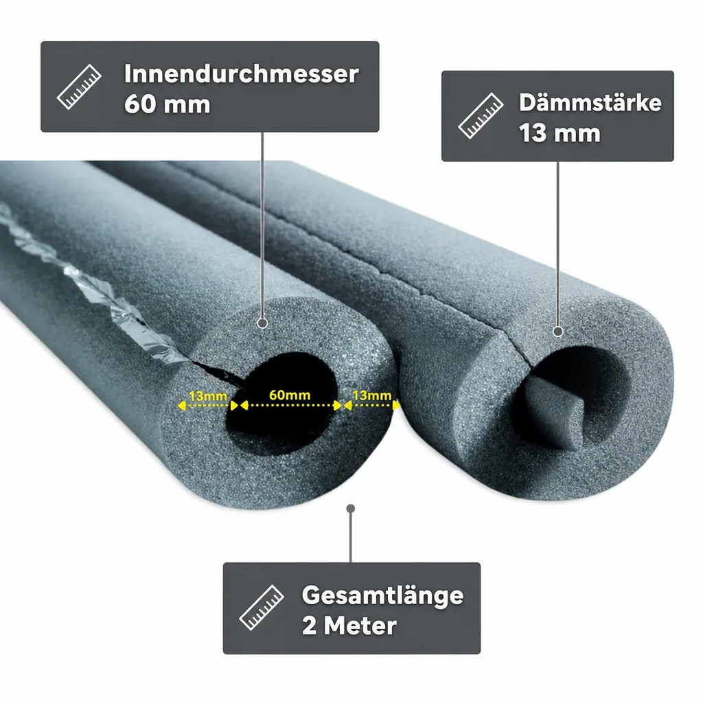 Rohrisolierung selbstklebend 60mm, Isolierschlauch 2x1m, Dämmung 13mm