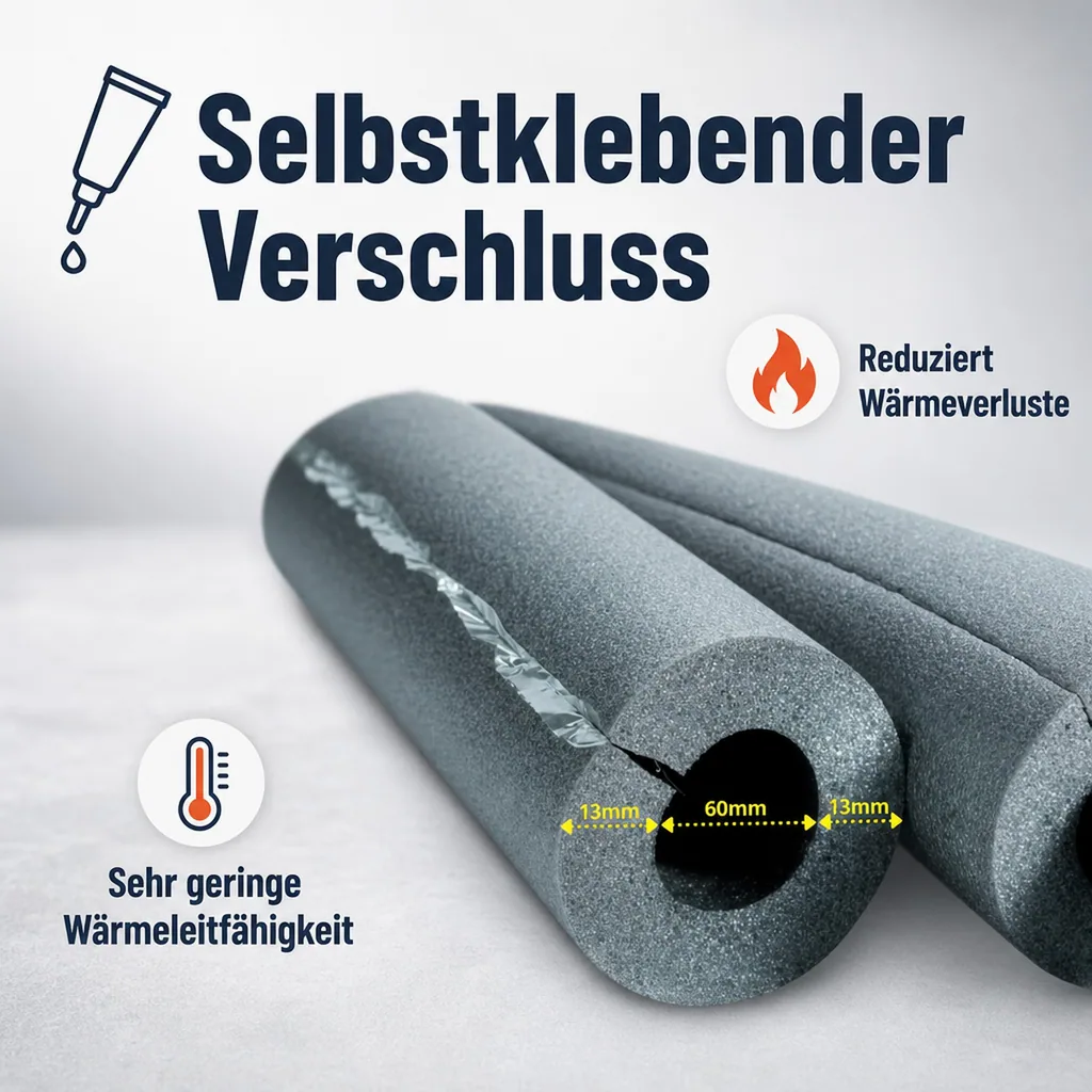 Rohrisolierung selbstklebend 60mm, Isolierschlauch 2x1m, Dämmung 13mm