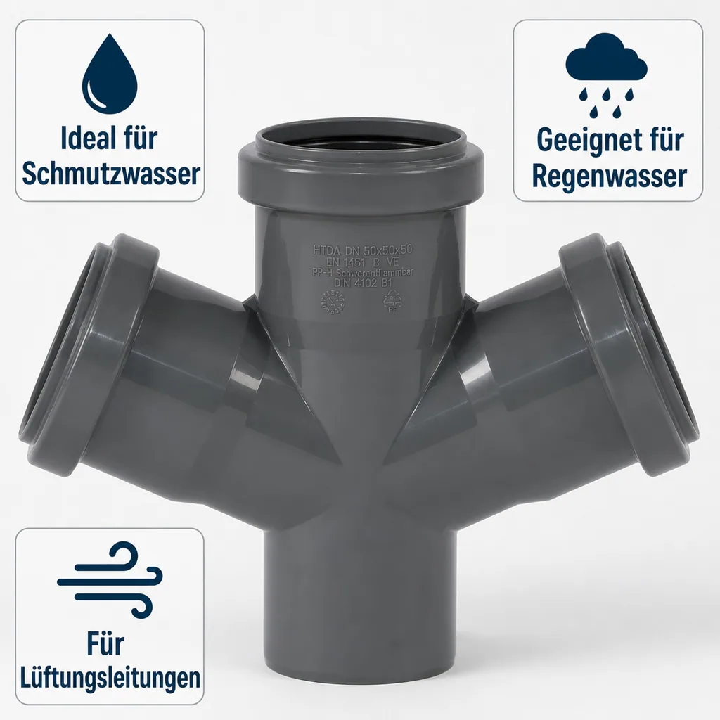 HT Rohr 50, HT Abzweig 50 mm, Doppelabzweig 67 Grad