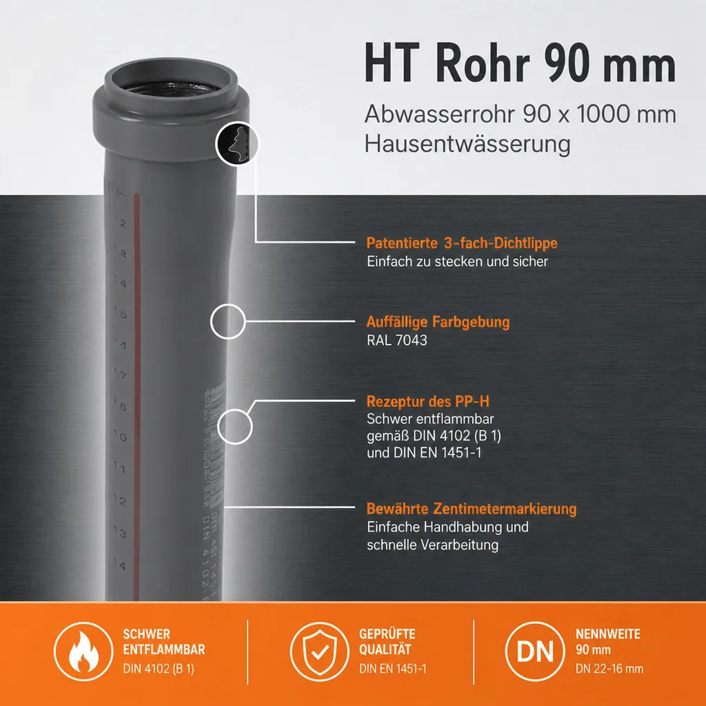 HT Rohr 90mm, Abwasserrohr 90x1000mm, Hausentwässerung