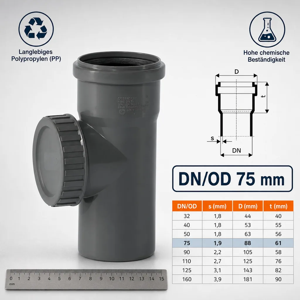 HT Rohr 75, HT Reinigungsrohr, Abwasserrohr DN 75, Polypropylen