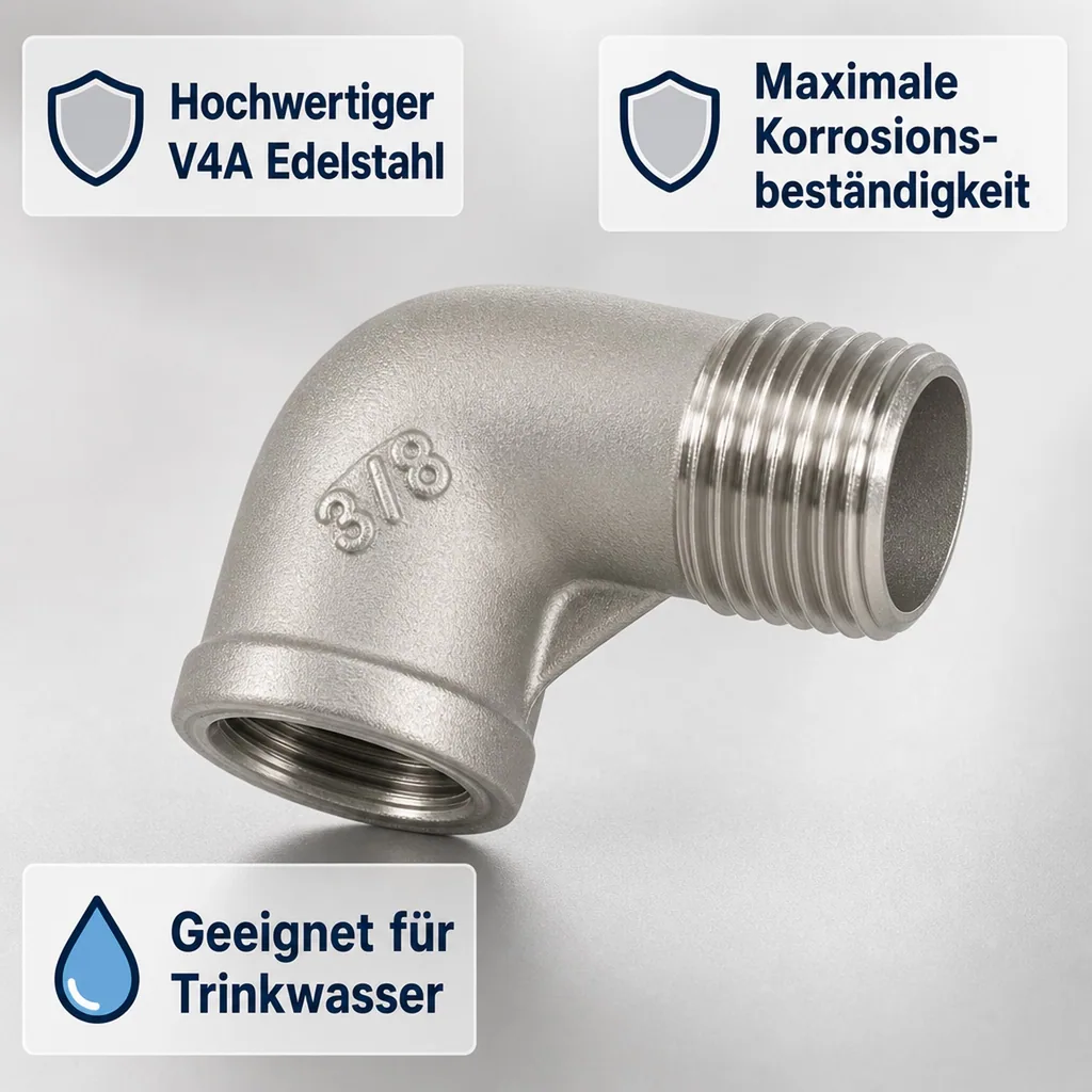 Edelstahl Winkel 90 Grad, Gewindefitting, V4A, 1/4 Zoll IG x AG