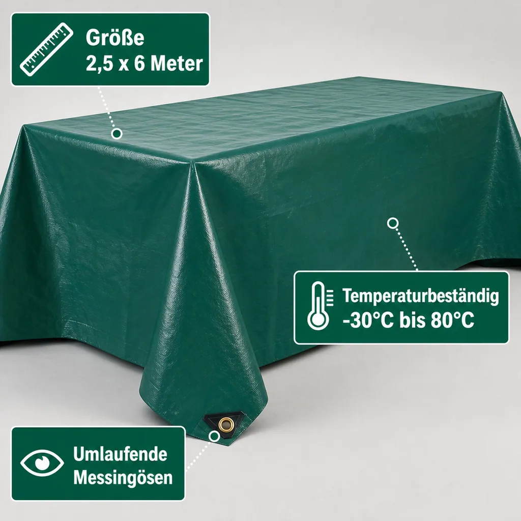 Abdeckplane, Gewebeplane grün, 650 g/m² PVC, 2,5 x 6m (15m²), wasserdicht, reißfest