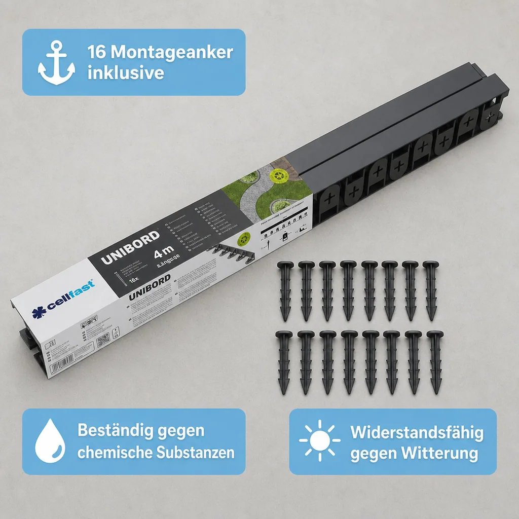 Rasenkante, 4m Beeteinfassung, 44mm, inkl. 16 Bodenanker