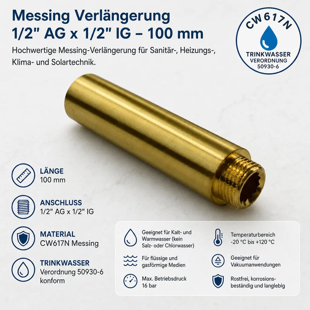Gewindefitting Messing Hahnverlängerung 1/2" AG x 1/2" IG 100 mm