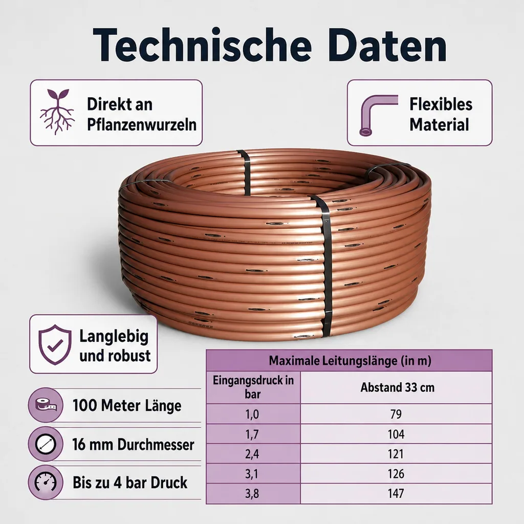 Rainbird Tropfrohr 100m, unterirdische Tropfbewässerung, 16 mm, bis 4 bar