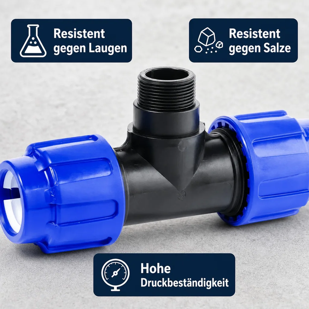 PE Rohr Verschraubung T-Stück 32mm, Klemmverbinder, PP, Trinkwasser geeignet
