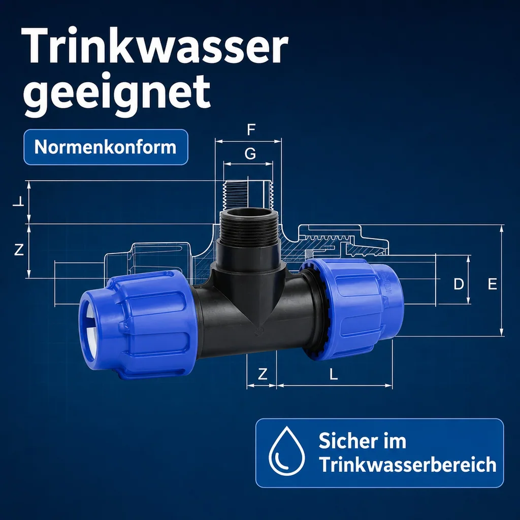 PE Rohr Verschraubung T-Stück 32mm, Klemmverbinder, PP, Trinkwasser geeignet