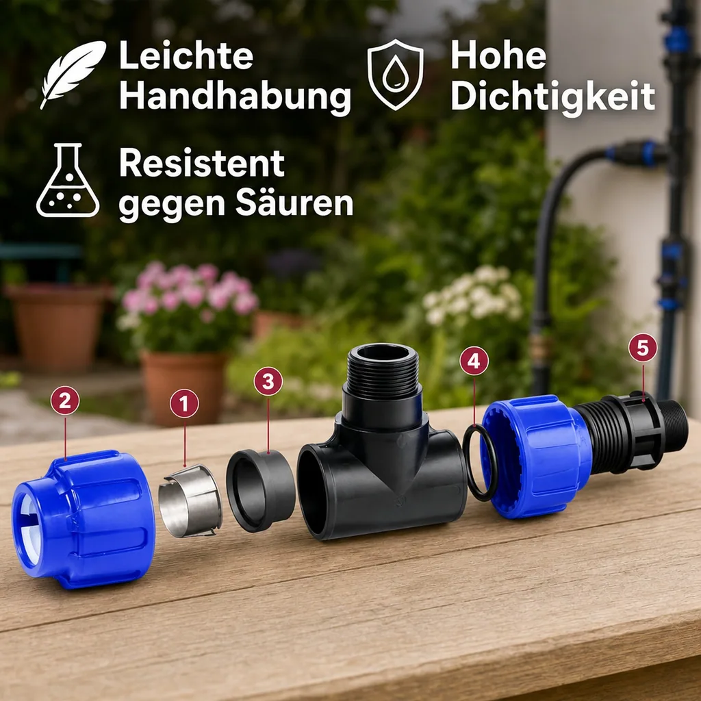 PE Rohr Verschraubung T-Stück 32mm, Klemmverbinder, PP, Trinkwasser geeignet