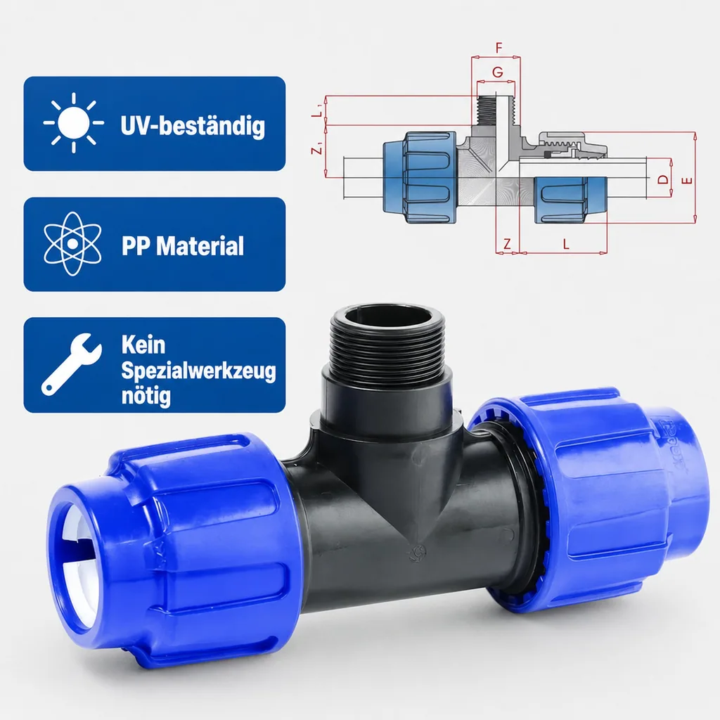 PE Rohr Verschraubung T-Stück 32mm, Klemmverbinder, PP, Trinkwasser geeignet