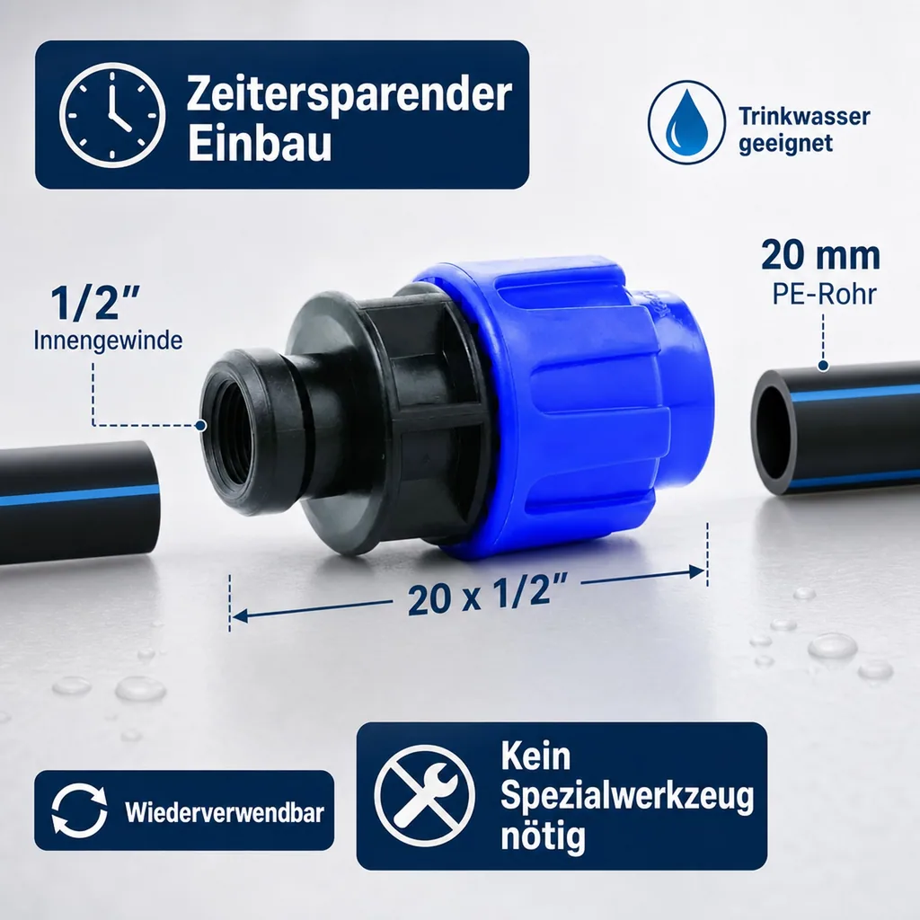 PE Rohr Verschraubung, Kupplung IG 20 x 1/2", Klemmverbinder, PP, für Trinkwasser