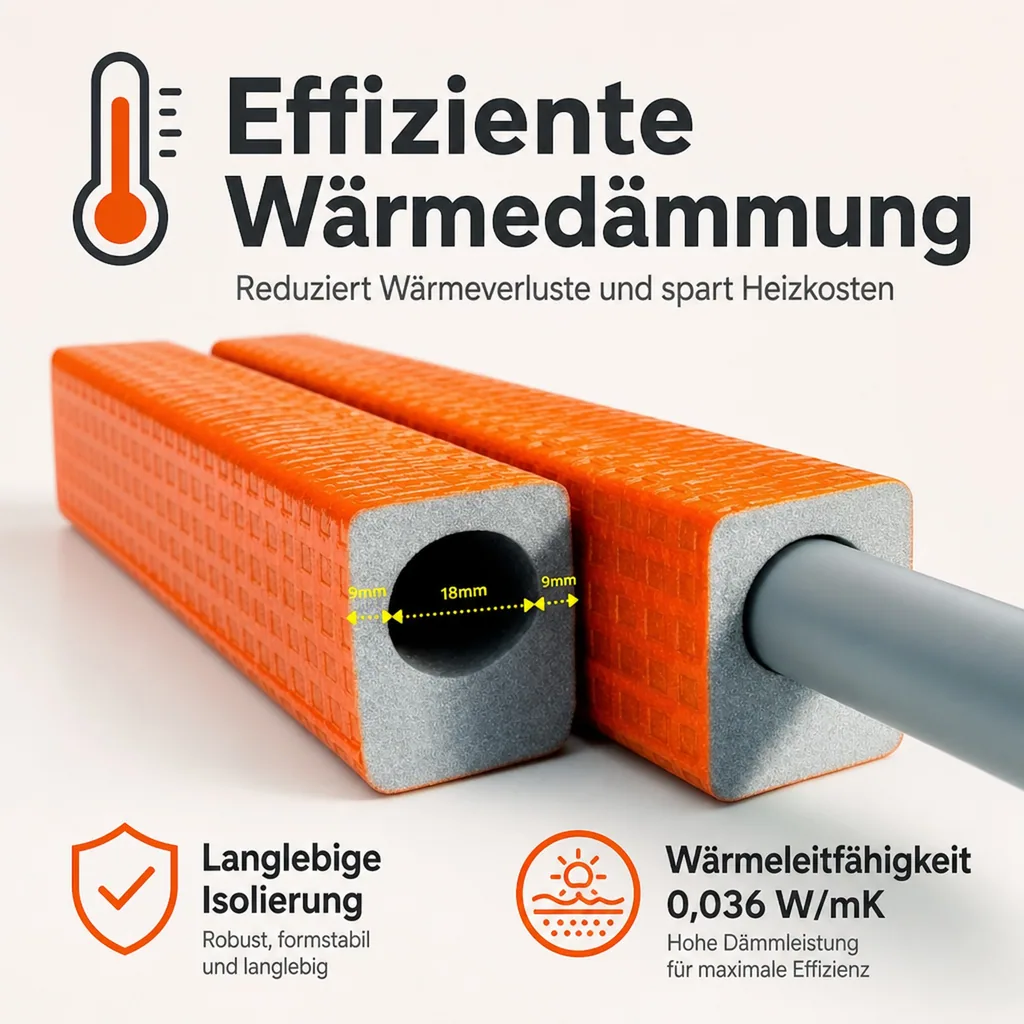 Rohrisolierung, Heizungsrohr Isolierung 18mm, 2m, 9mm Dämmung