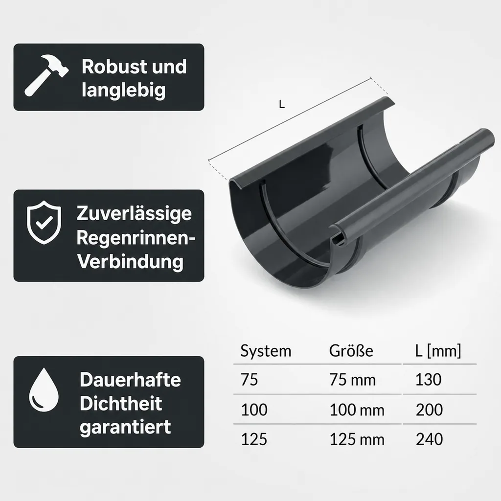Regenrinne braun, Rinnenverbinder, Dachrinne, System 125, Kunststoff Regenrinne