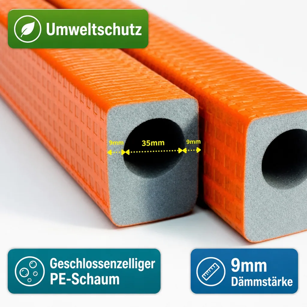 Rohrisolierung 35mm, Heizungsrohr Isolierung, 9mm Dämmung, 2m Länge