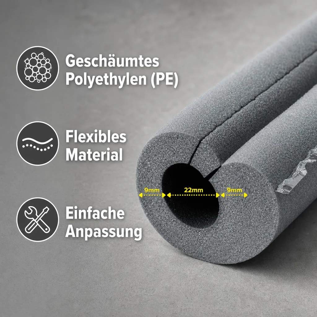 Rohrisolierung selbstklebend, Isolierschlauch 22mm x 9mm, Dämmung Heizungsrohre, 2 x 1m