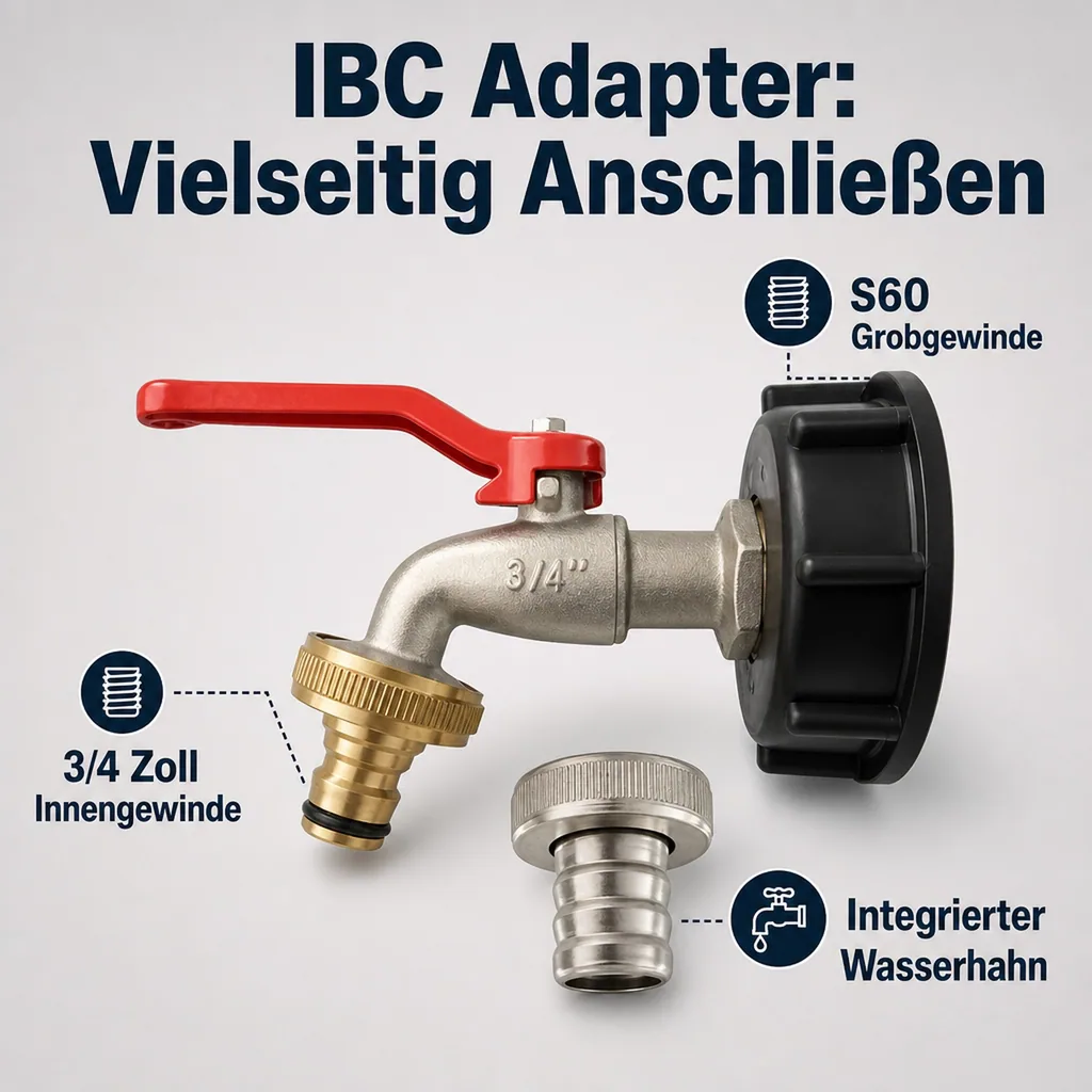 IBC Adapter, Container S60, 3/4 Zoll, Wasserhahn, Steckkupplung, Auslaufhahn