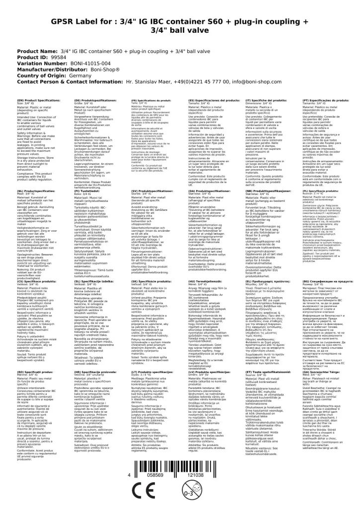 IBC Adapter S60, IBC Container Adapter, Kugelhahn, 3/4 Zoll, Steckkupplung
