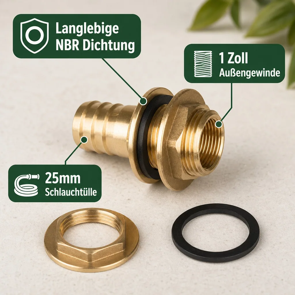 Regentonnen Verbinder Set, Tank Durchführung, 1 Zoll, 25mm Schlauchtülle, Regentonnenzubehör