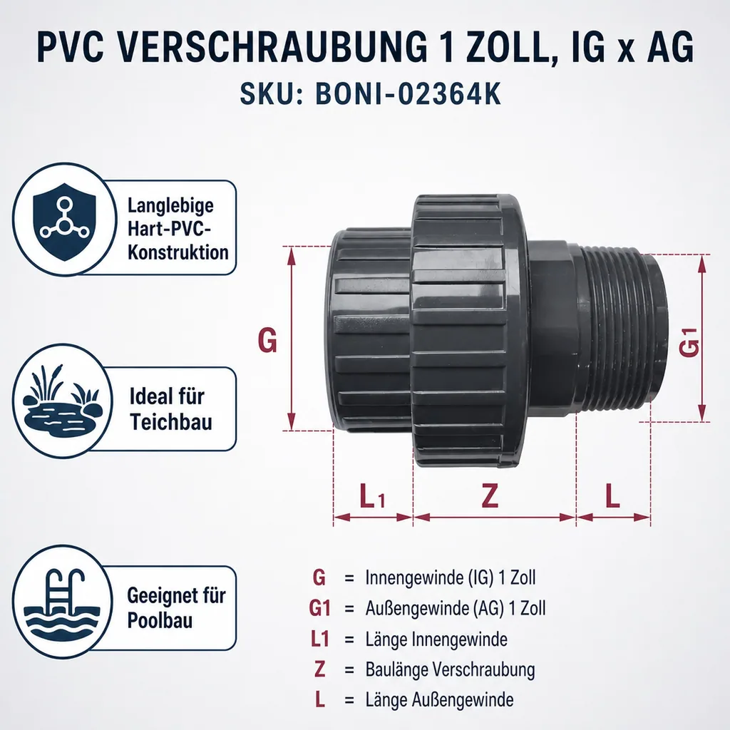 PVC Verschraubung 1 Zoll, IG x AG, PVC Fitting, Rohrverbinder