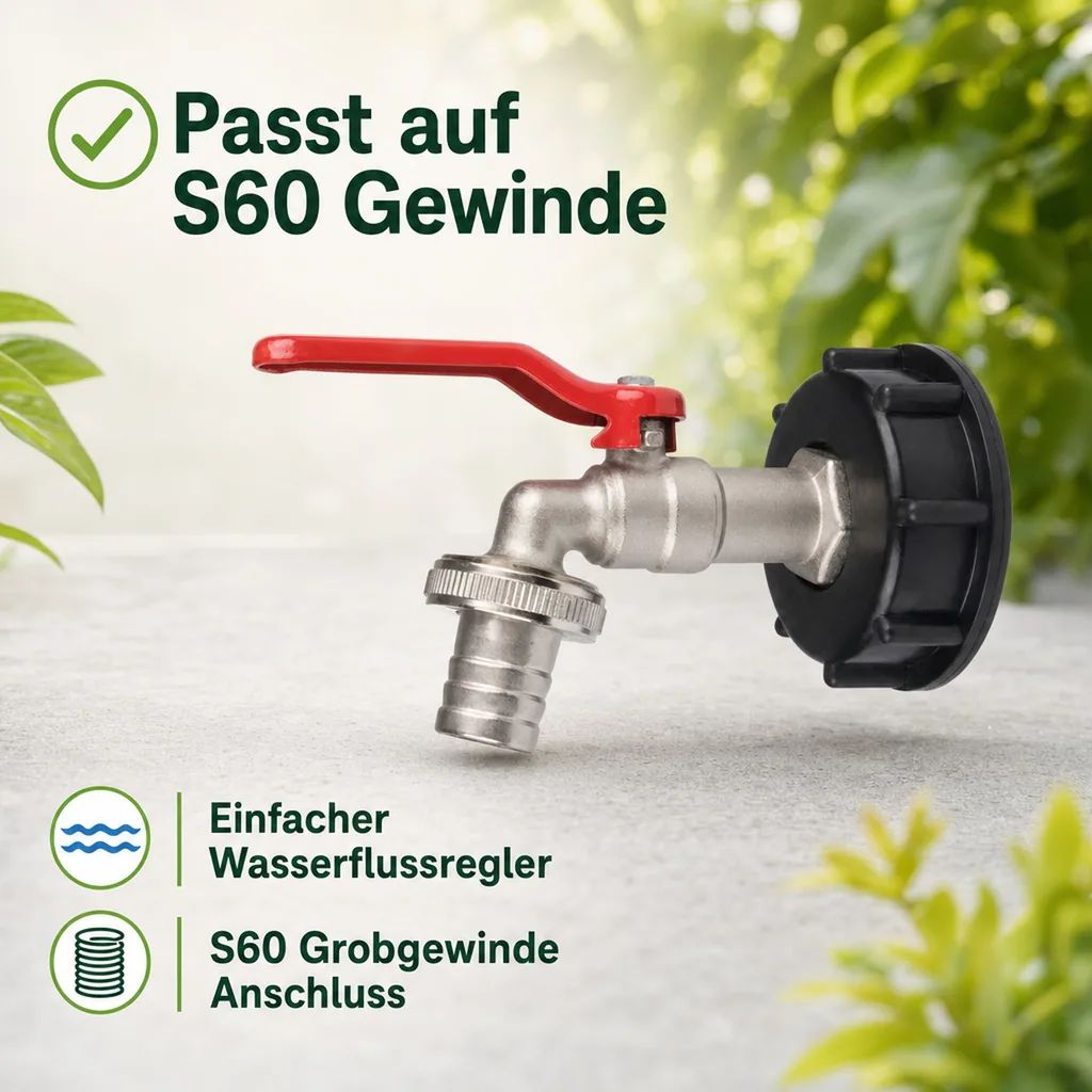 IBC Adapter S60, Container Hahn, 3/4 Zoll Wasserhahn, Auslaufventil