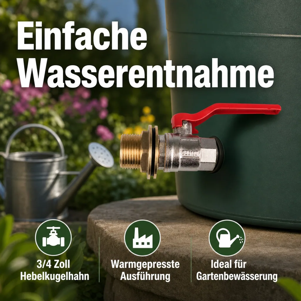 Regentonne Durchführung Set, Tankdurchführung, 3/4 Zoll Hebelkugelhahn