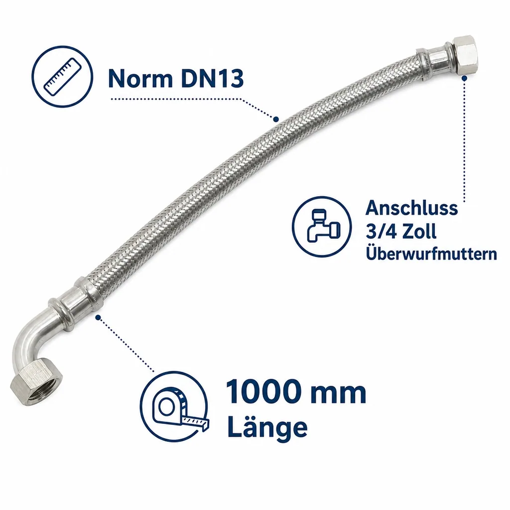 Panzerschlauch 3 4, Edelstahl, Flexschlauch, 1000mm, Bogen