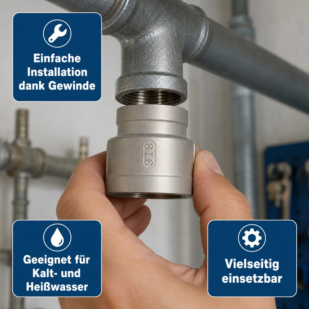 Edelstahl Reduziermuffe, Gewindefitting, 3/4" IG x 1/2" IG, V4A