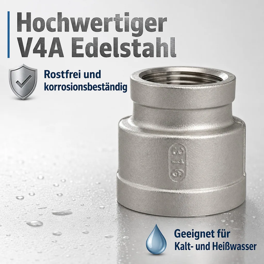 Edelstahl Reduziermuffe, Gewindefitting Edelstahl, 1 1/2" x 1" IG, V4A