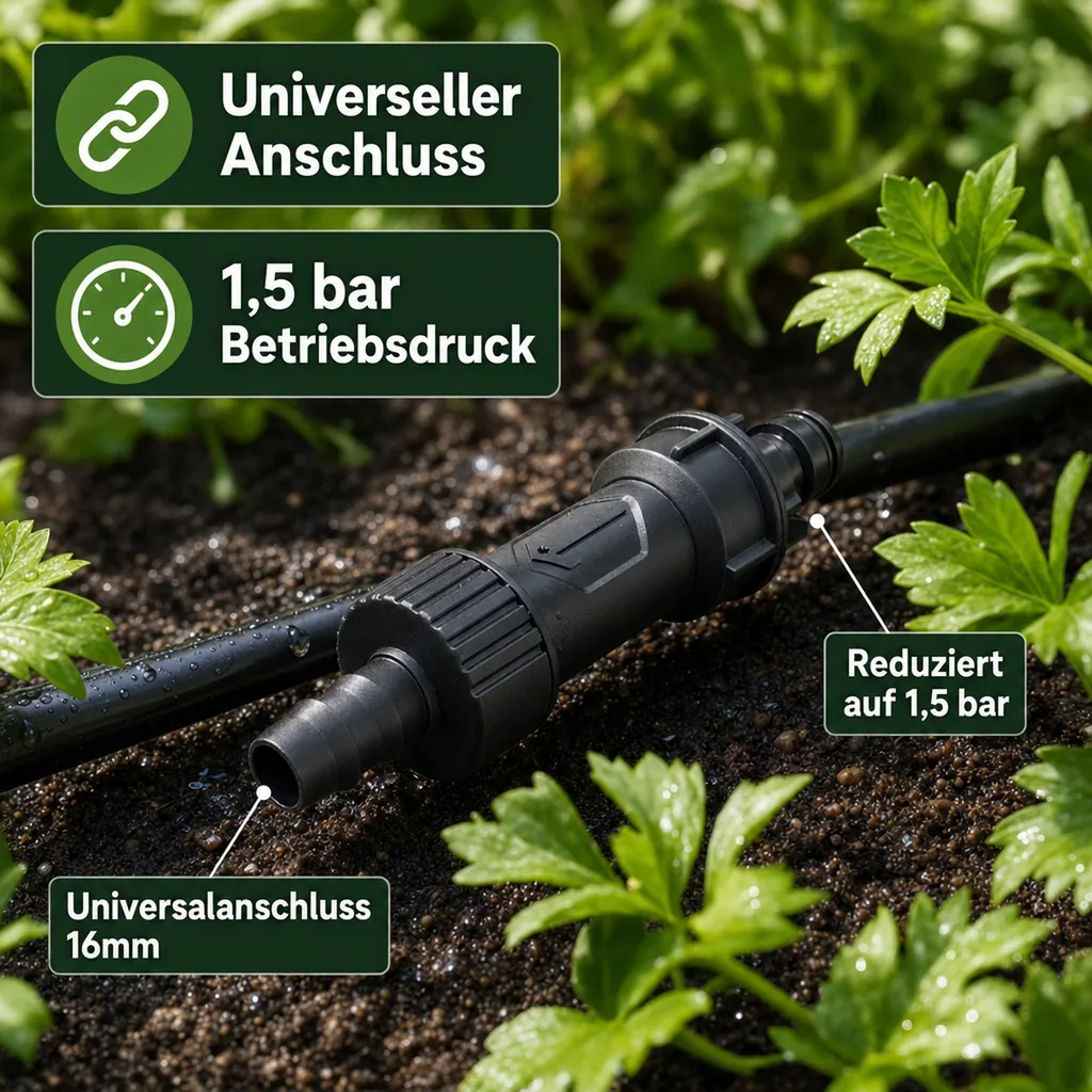 Tropfbewässerung, Druckminderer, Universalanschluss 16mm, 1.5 bar