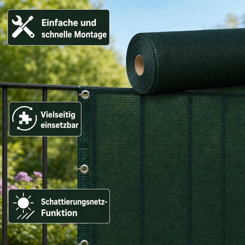 Sichtschutznetz, Windschutznetz, 1x50m, Gartenzaun, Zaunblende, HDPE Netz, grün