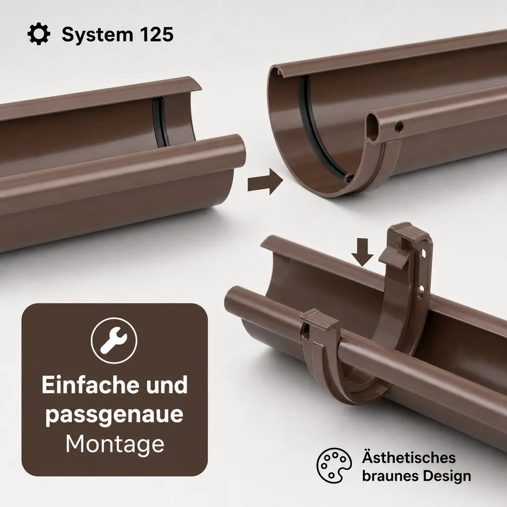 Dachrinne Set 6m braun, Regenrinne Kunststoff, System 125