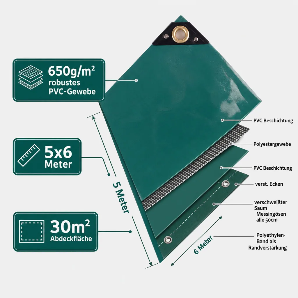 PVC Plane 650g, Abdeckplane, 5x6m, grün, wasserdicht, reißfest (30m²)