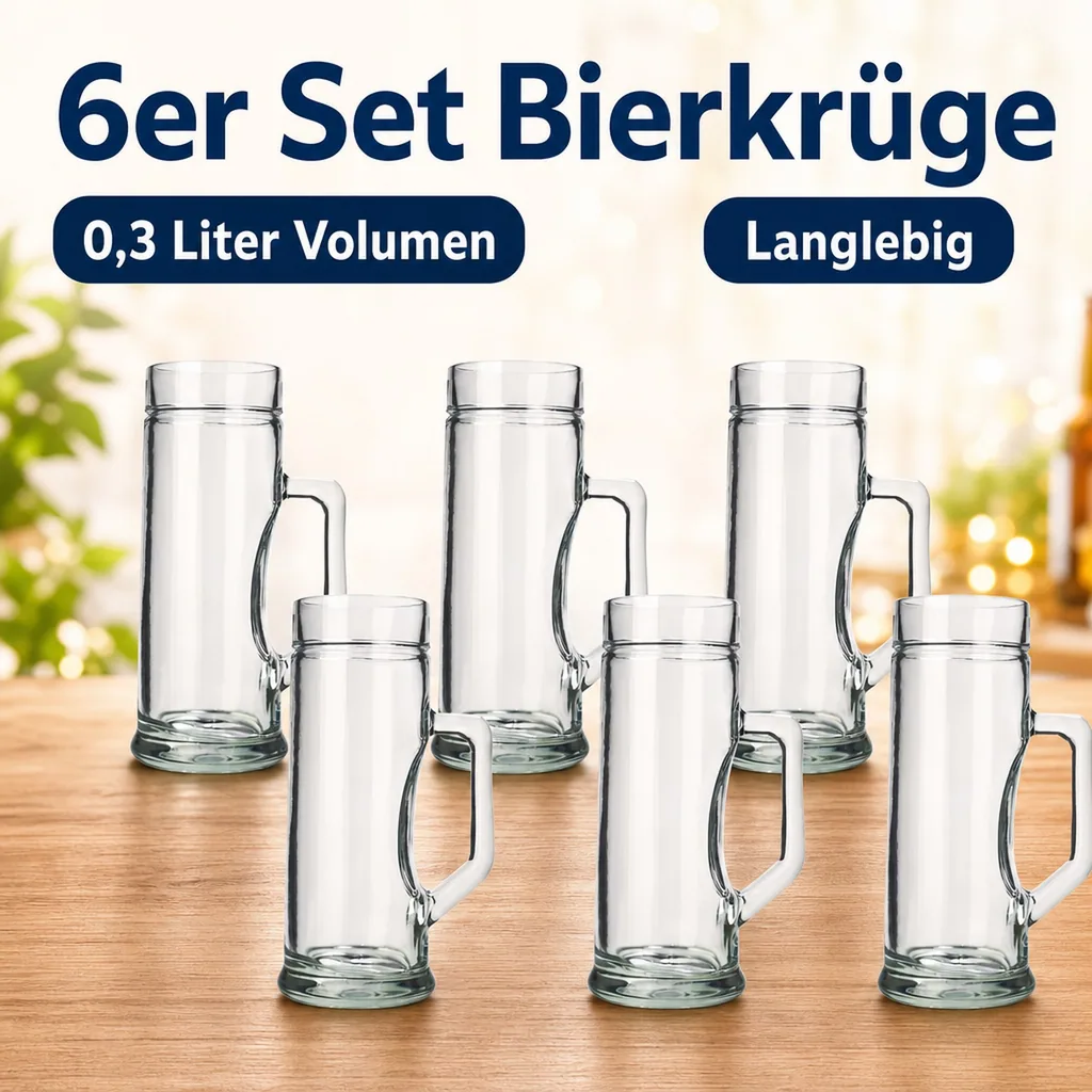 Bierglas, Bierkrug, Maßkrug, Bierseidel 6er Set Biergläser, Premium, Glatt - 0,3 Liter